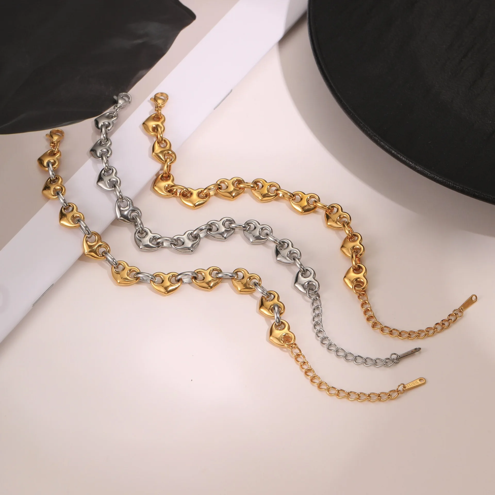 Popular 18K Gold Plated Tarnish-Free Waterproof Bracelets Fine Puffed Mariner Geometric Trendy Stainless Steel Chain