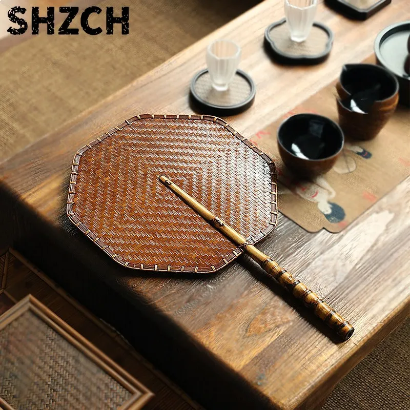 Retro Chinese Bamboo Woven Group Fan Handmade Zen Lacquer Brush Fan Cooling Dance Accessory