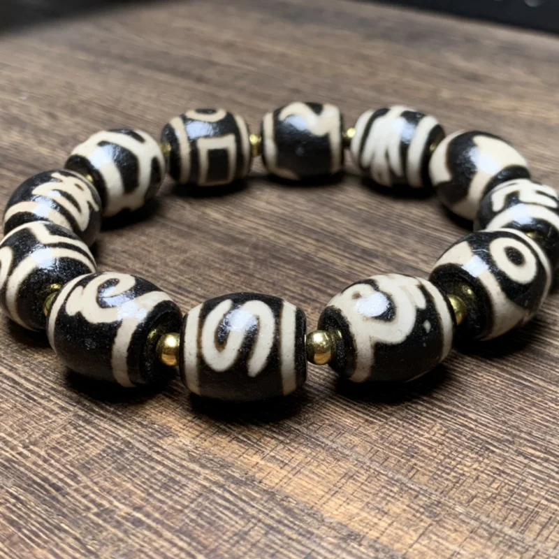 Boutique High-Oil Pulp-Coated Duobao Tibet Beads Bracelet Black and White Pattern Tibetan Barrel Beads Men's and Women's Bracele