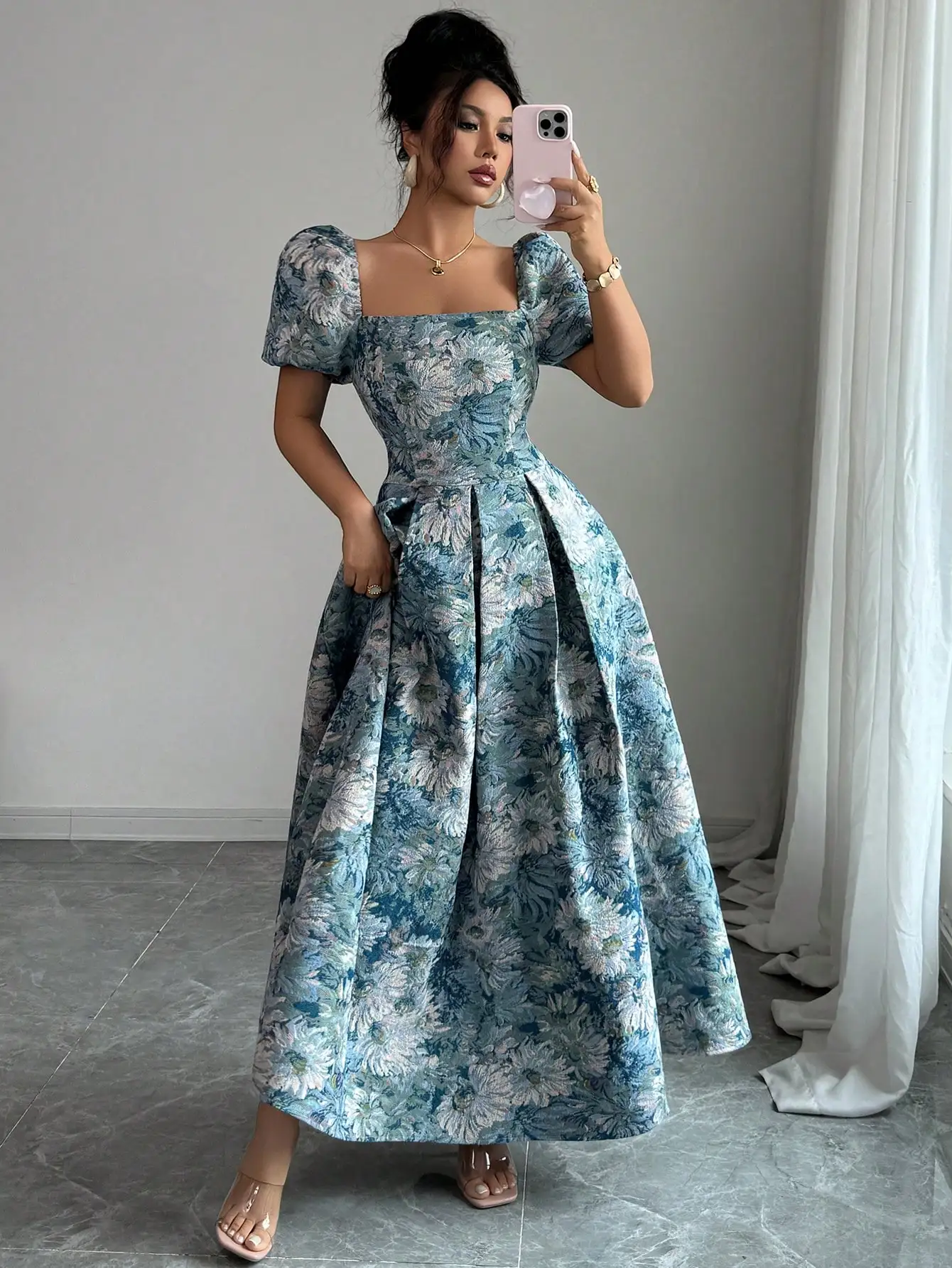 

Elegant Floral Puff Sleeve Floor Length Dress For Women Summer