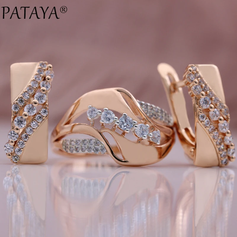 PATAYA New Micro-wax Inlay Natural Zircon Drop Earrings Ring Sets 585 Rose Gold Color Luxury Romatic Women Fashion Jewelry Set