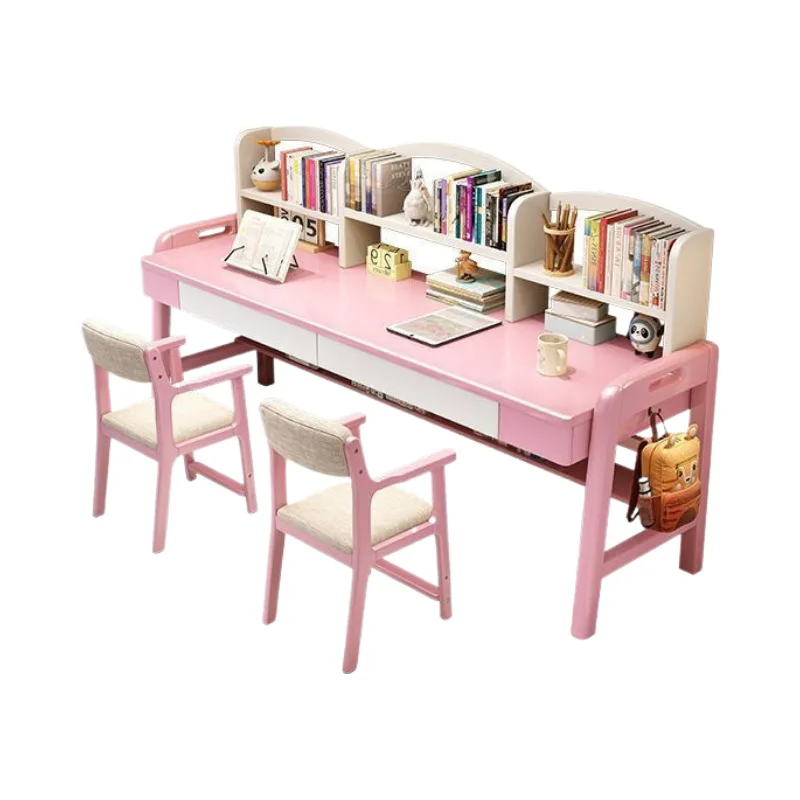 desk bookshelf combination, solid wood double study table, home bedroom