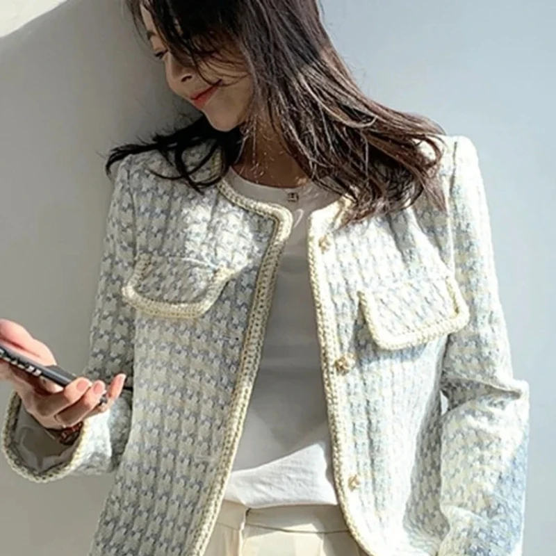 

Autumn Casual Fried Street Short Coat Plaid Outwear High Quality French Vintage Small Fragrance Tweed Jacket Coat Women's Spring