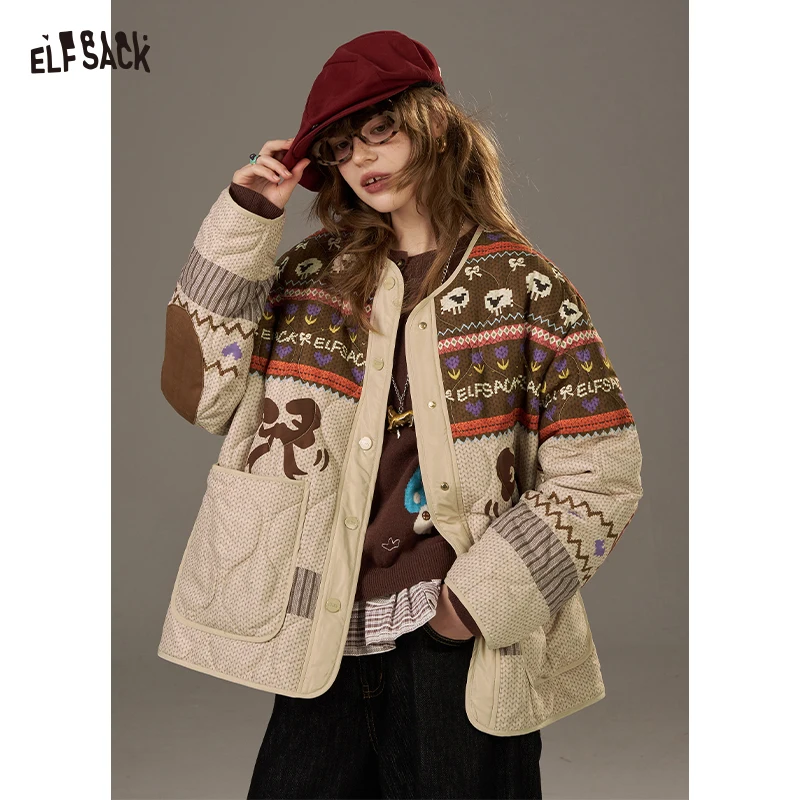 

ELFSACK 2025 Autumn New Arrivals Y2K Casual Large-Scale Colorful Printed Fabric Patchwork Cotton Coat For Woman