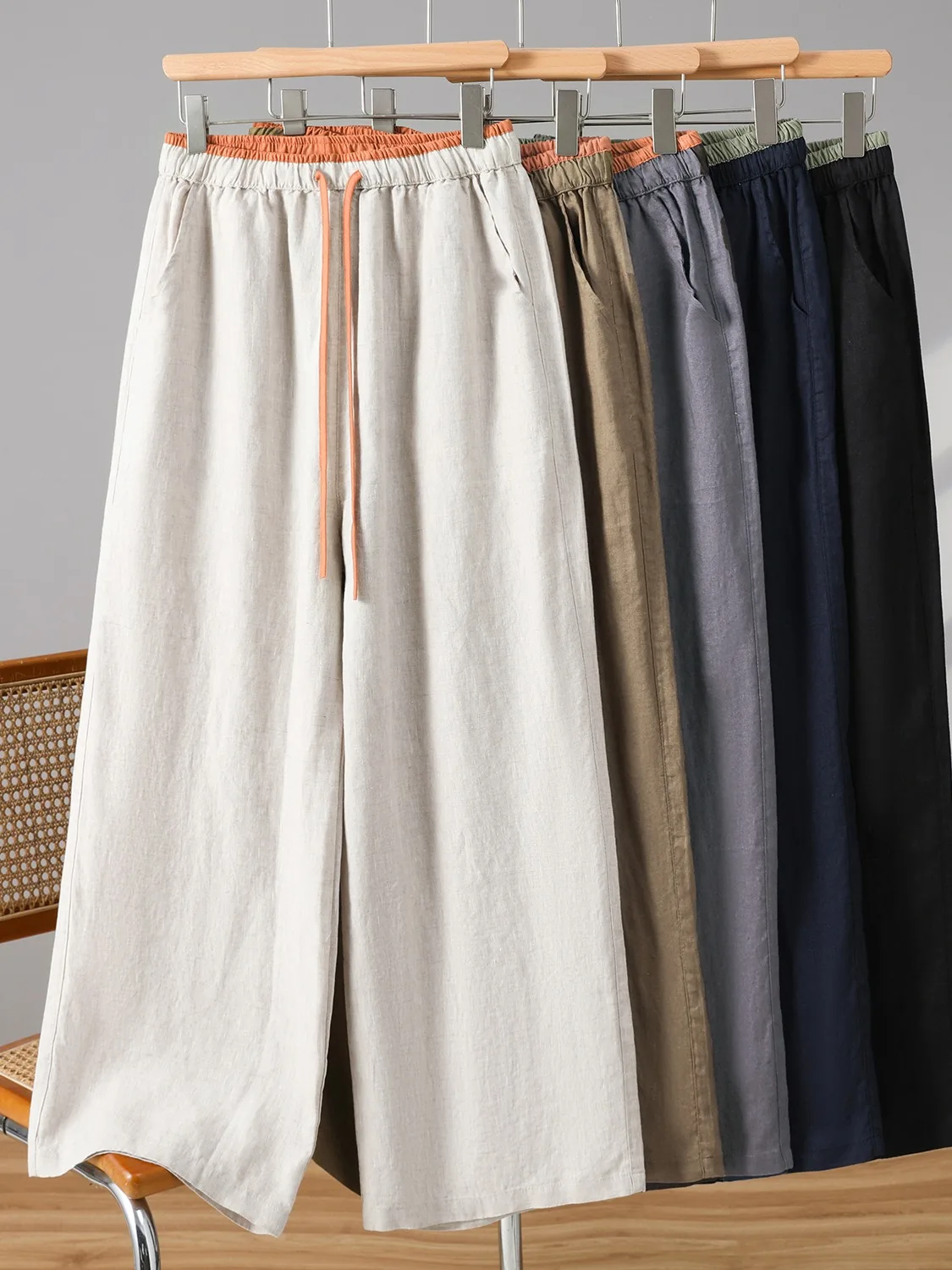 Damskie spodnie z wysokim stanem i szerokimi nogawkami, letnie, zwiewne, z elastyczną talią, z bawełny i lnu, luźne, wyszczuplające, długie spodnie o prostym kroju.