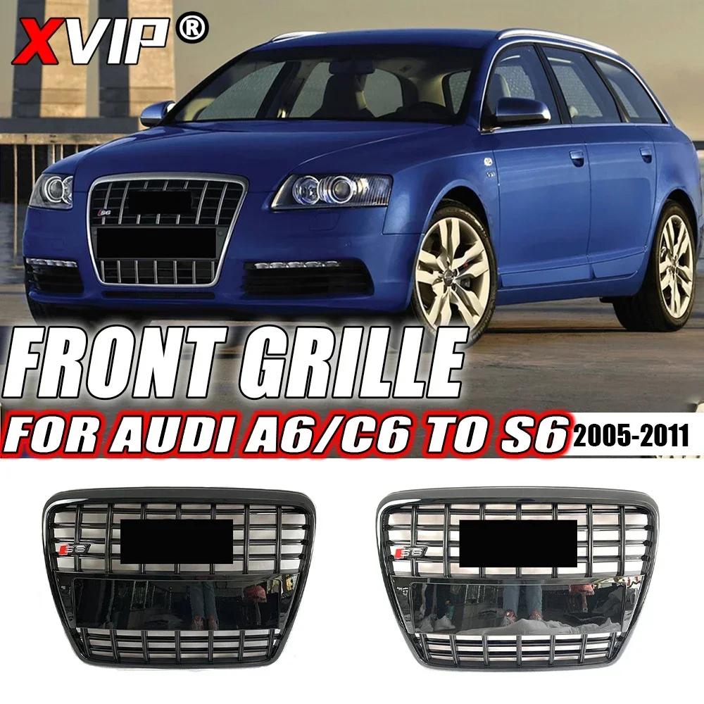 XVIP S6 Style Front Bumper Grille All Glossy Black Trim Grill Fit For Audi A6 S6 C6 2005-2011 High Quality ABS Upper Grilles