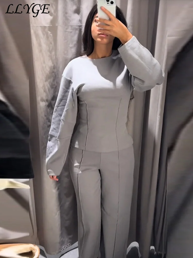 Casual Solid Pants Sets 2 Piece For Women Loose O-neck Long Sleeve Pleated Pullovers Wide Leg Trouser 2024 Autumn Lady Tracksuit