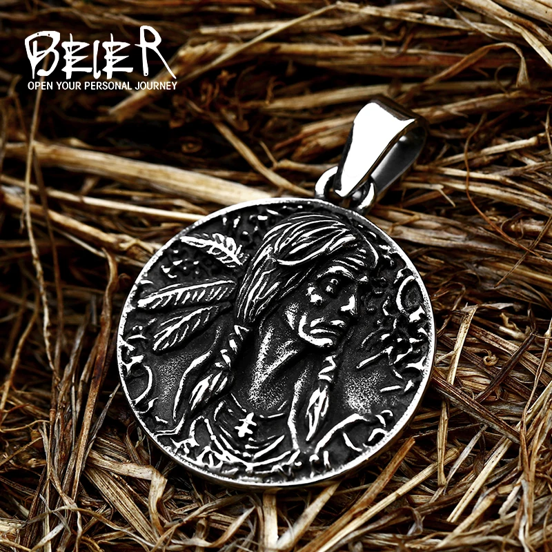 BEIER Wholesale Stainless Steel Indian tribe round Pendant Necklace For Man Punk Jewelry good detail choker BP8-763