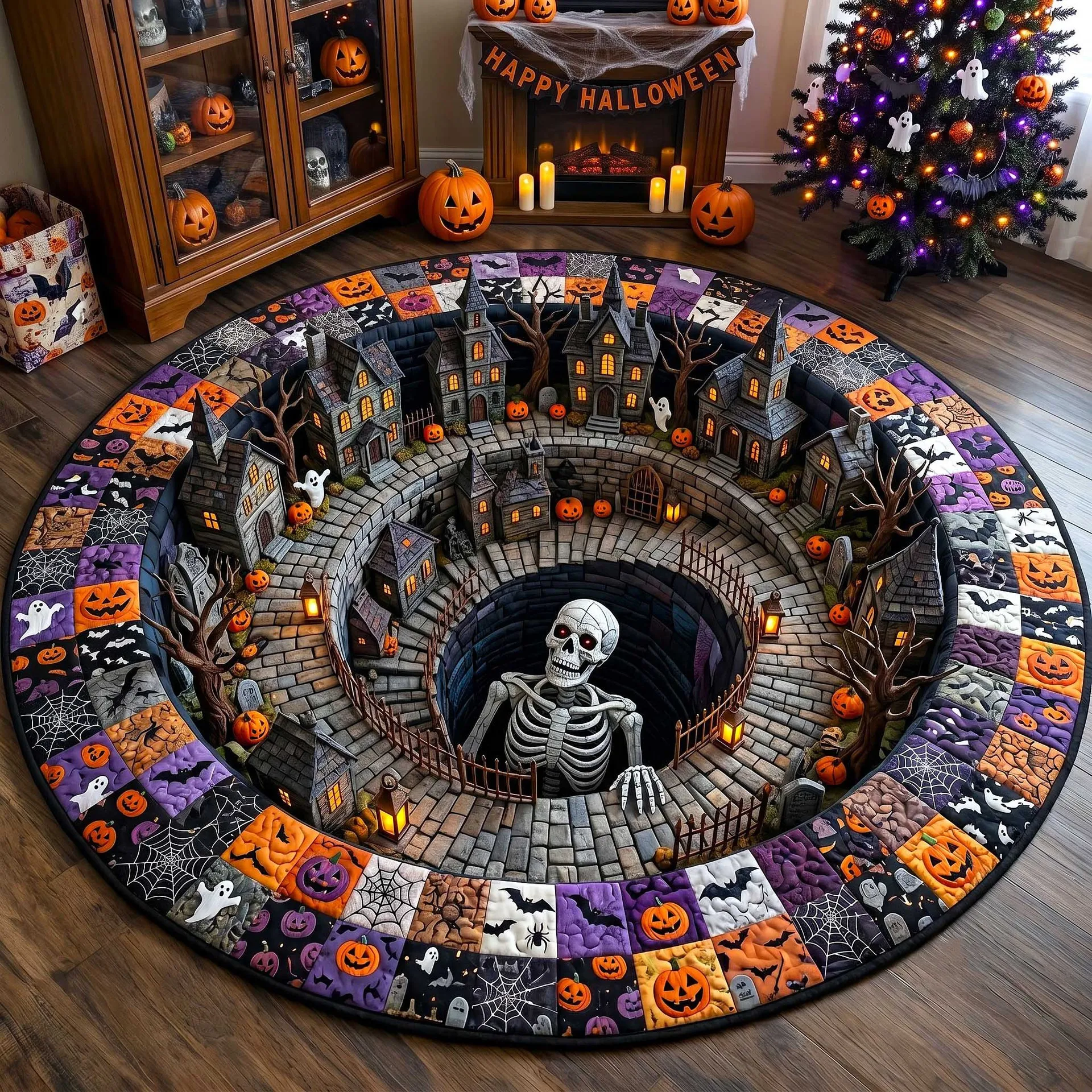Horror Halloween Round Rug Bat Cat Skull Printed Plush Surface Non-slip Carpet for Home Outdoor Decor Door Mat, Cthulhu Antenna