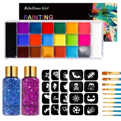 20 Colors Face Body Paint Palette Oil Makeup Set SFX Body Art Halloween Party Painting with 10 pcs brushes,Tattoo Stencil kit