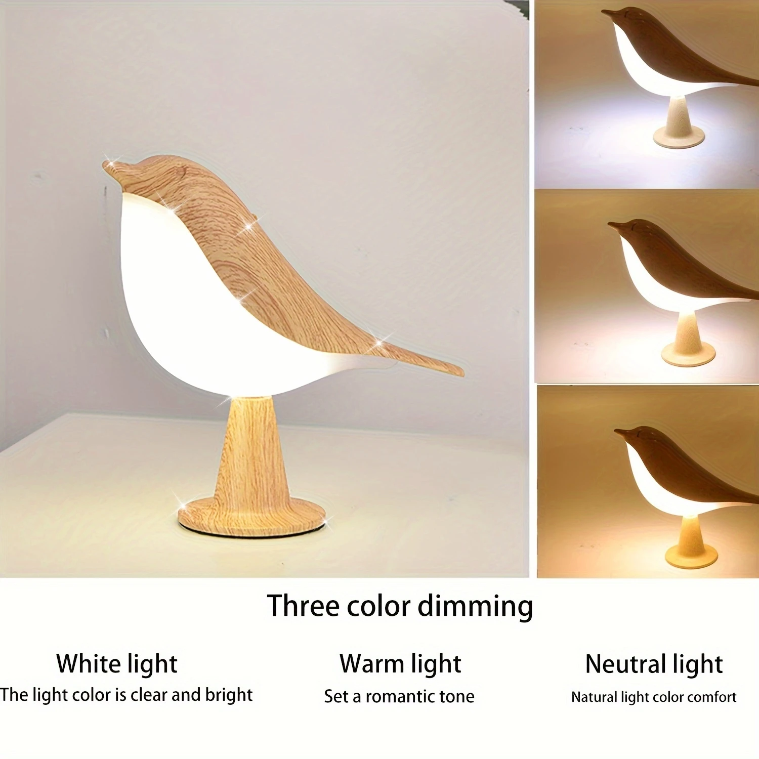 A cute LED night lamp featuring a small bird design, a three-adjustable-setting bedside lamp, an artistic, rechargeable, touch-o
