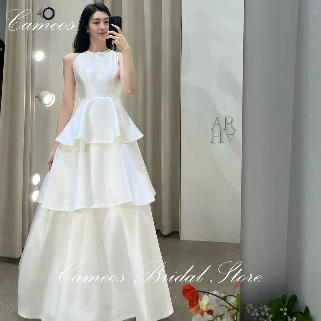 

SONDR Korean Sleeveless Ivory Wedding Dress O-Neck Tiered Custom Made Formal Bride Dress 웨딩드레스 Satin Simple Wedding Gown Bridal