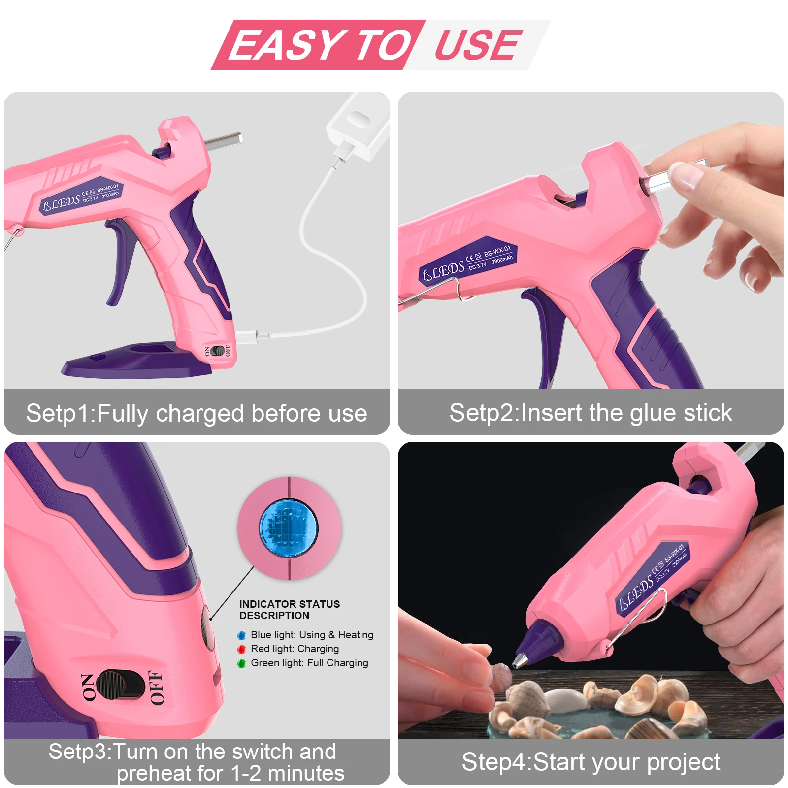 Pink Cordless Hot Glue Gun, 2900 mAH USB-C Rechargeable Wireless Glue Gun with 30 Pcs 7mm Glue Sticks, Tools for Craft DIY