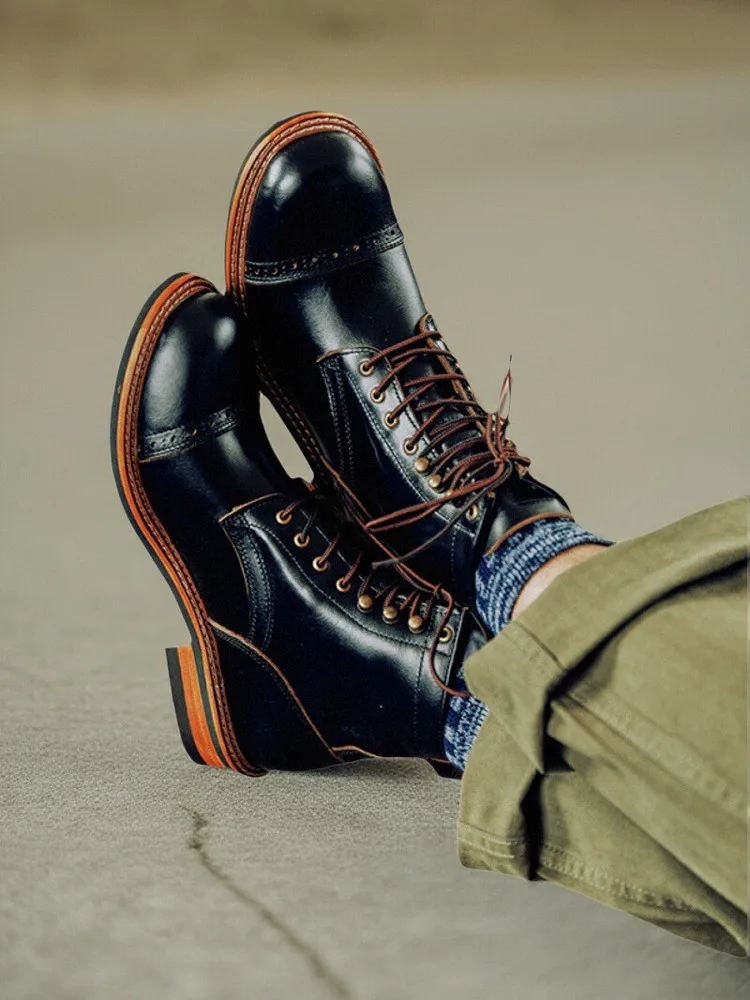 Retro Genuine Leather British Style High Top Workwear Motorcycle Boots Big Toe Layer Leather Boots for Men
