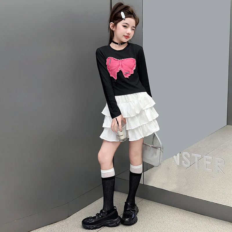 

School Girls Two-piece Suits Autumn Children Girls Bowknot Round Neck Undershirt Kids Girls Solid Skirt Teenager Girls Sets