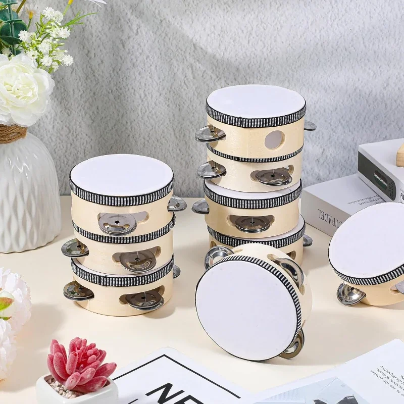ZQQ24 Pcs 4 Inch Wood Wedding Tambourine Metal Jingles Drum Hand Held Drum Instrument White Percussion for Wedding Party Favors