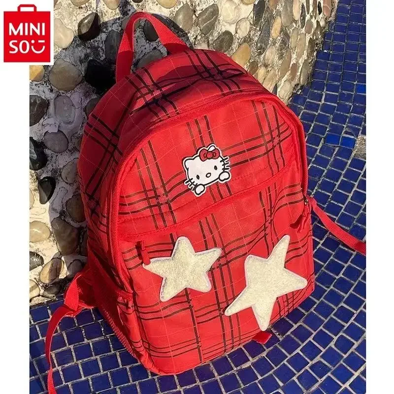 MINISO Hello Kitty джинсовый воротник Ретро Студенческая школьная сумка универсальный модный вместительный рюкзак