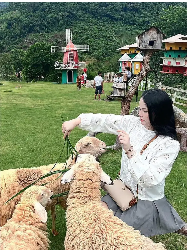 

Long Sve round Ne Hollow Embroidery irt Layered Decorative Women's Loose Fit irt Thin Material Not Deformable