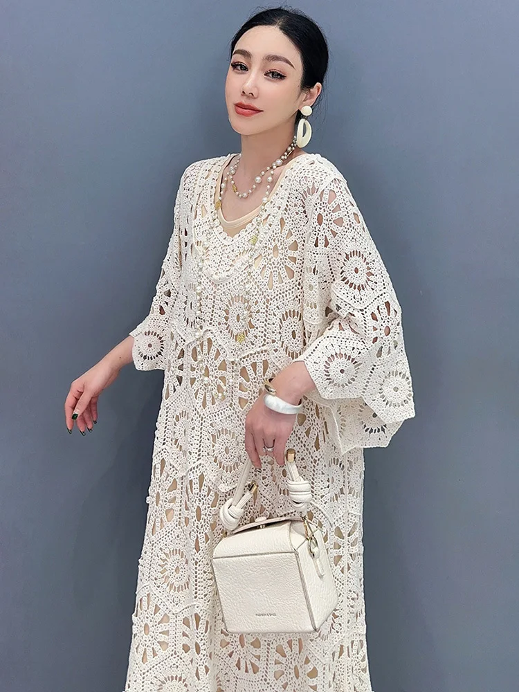 SHENGPALAE Women\'s Dress Hooked Flower Hollow Elegant Fashion Loose Beautiful Long Dresses 2024 Summer New Y2k Clothes 5R9896