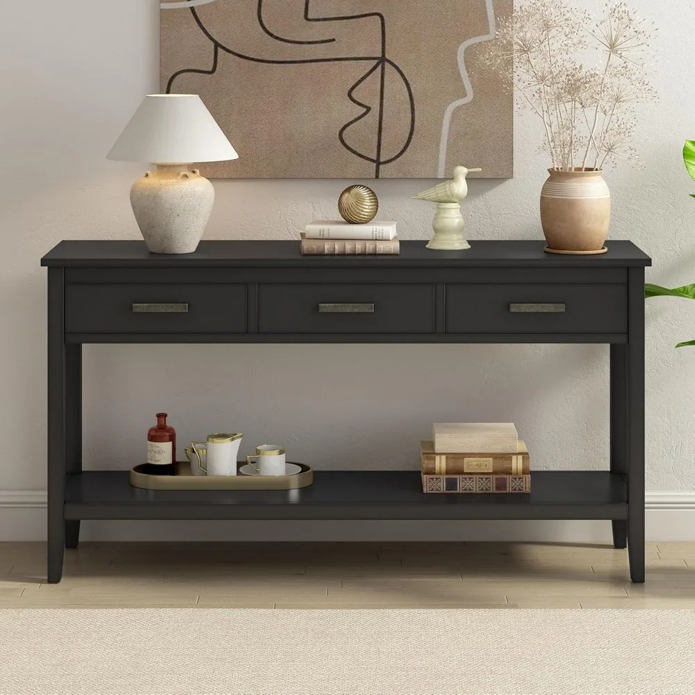 Console Table for Entryway, Wood Sofa Table with 3 Storage Drawers and Bottom Shelf for Hallway Living Room (Black)