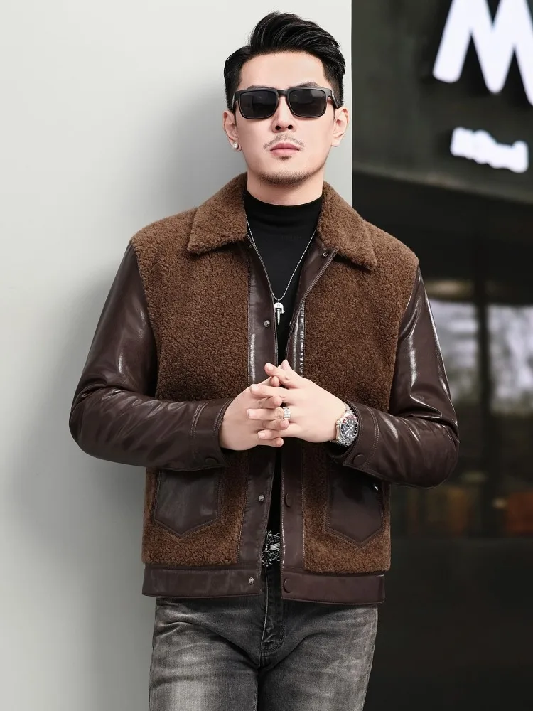 Men Genuine Cowhide Spliced Wool Cashmere Jacket Turndown Collar Short Leather Coat Single Breasted Winter Thick Warm Jackets