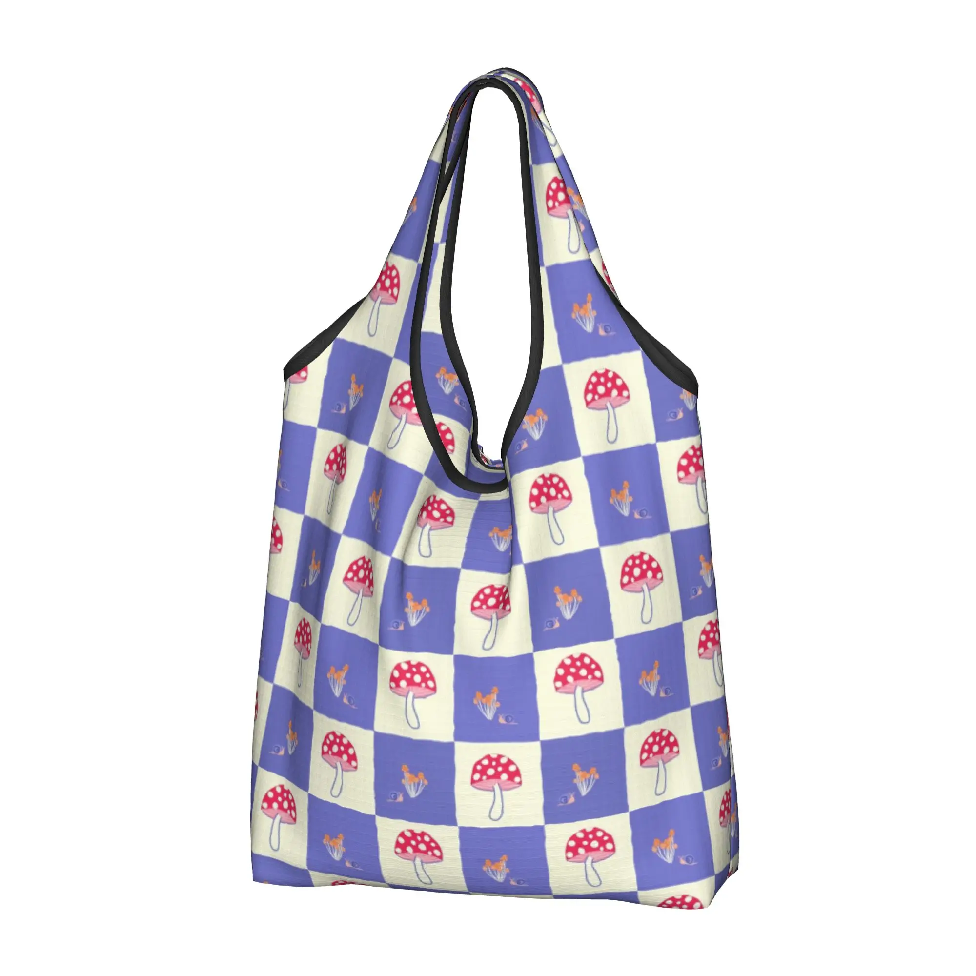 Custom Mushrooms and Snails in a Checker Board Shopping Bag Women Portable Big Capacity Groceries  Shopper Tote Bags
