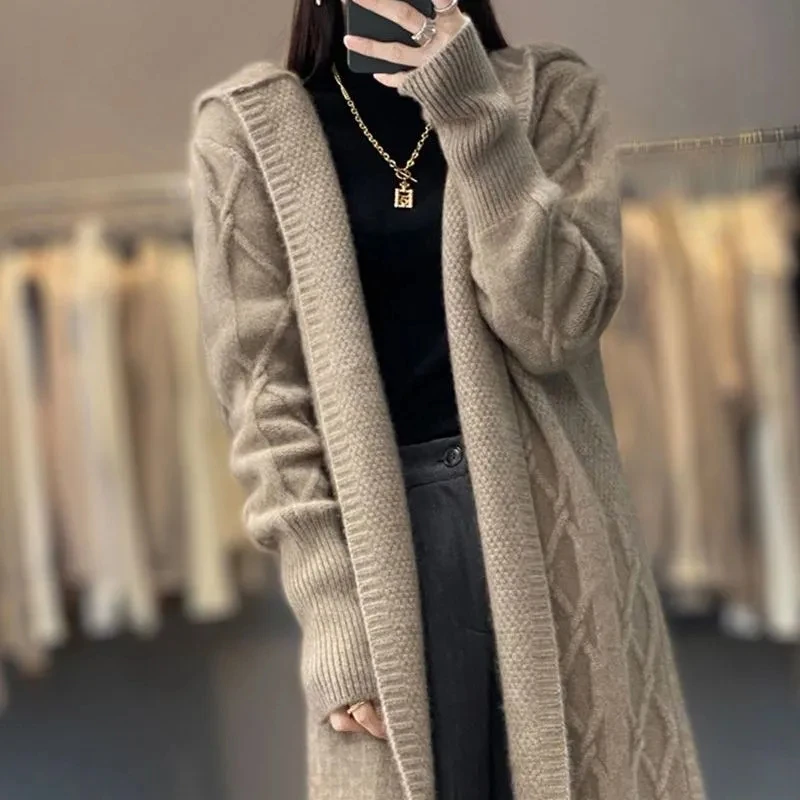 2023 New Autumn Winter Female Hooded Sweater Fashion Casual Women Cardigan Sweater Coats Warm Blowse Wool Slim Knitted Sweater