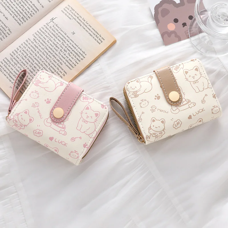 Women's Coin Purses Japanese Leather Simple Kawaii Kitty Sweet Cute Verstaile Wallet Luxury Brand New Handheld Mini Bag For Girl