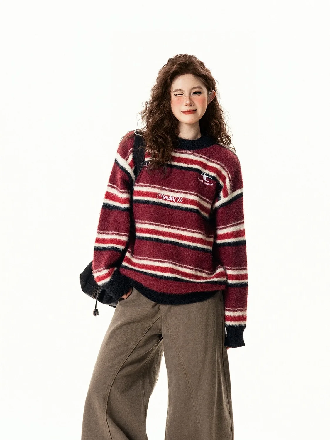 

Retro American Contrast Color Striped round Ne Sweater ex Autumn Winter Loose Casual Versatile Couple Knitted irt Top