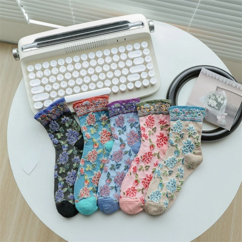 5 paia di calzini a fiori tridimensionali retrò primavera autunno moda etnica calzini da donna color block calzini comodi da donna