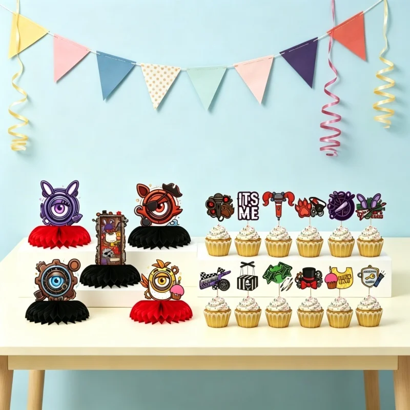 Five Nights at Freddy’s FNAF Birthday Party Tableware Kit Paper Plates Spiral Honeycomb Cake Topper Flags Disposable Supplies