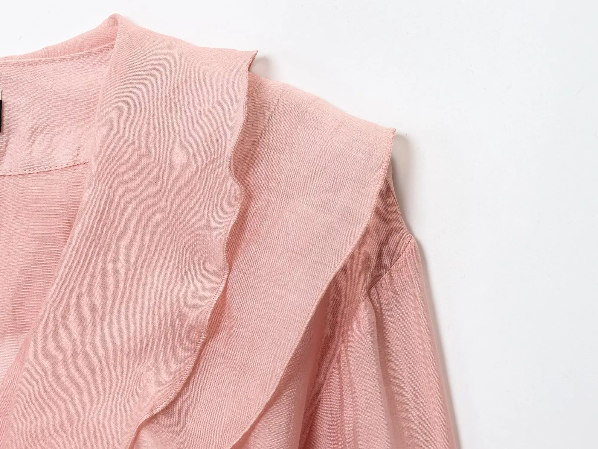 HH Französischer Stil Rosa Rüschenbesatz Bluse Damen V-Ausschnitt Knopfleiste Chiffon Elegant Sommer Urlaub Strand Business-Kleidung – Detail 6