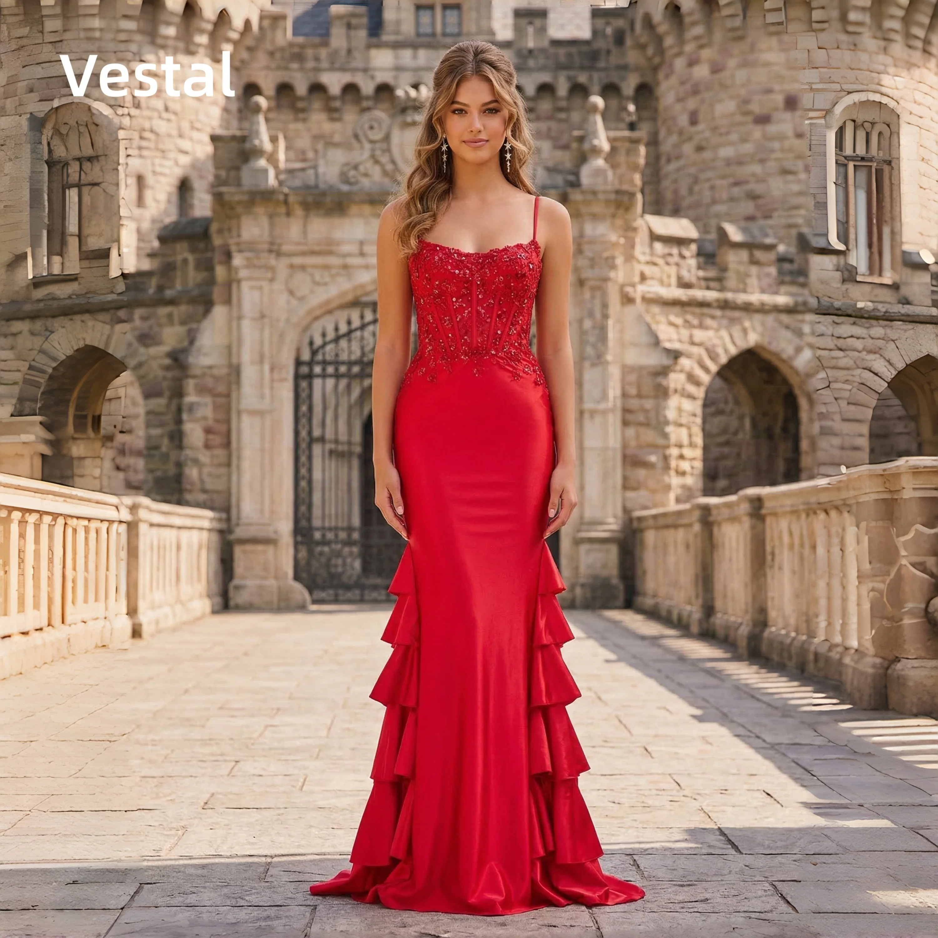 

Red Spaghetti Strap Beaded Satin Prom Dress Tiered Ruffle Mermaid Women Formal Evening Party Gown Customized