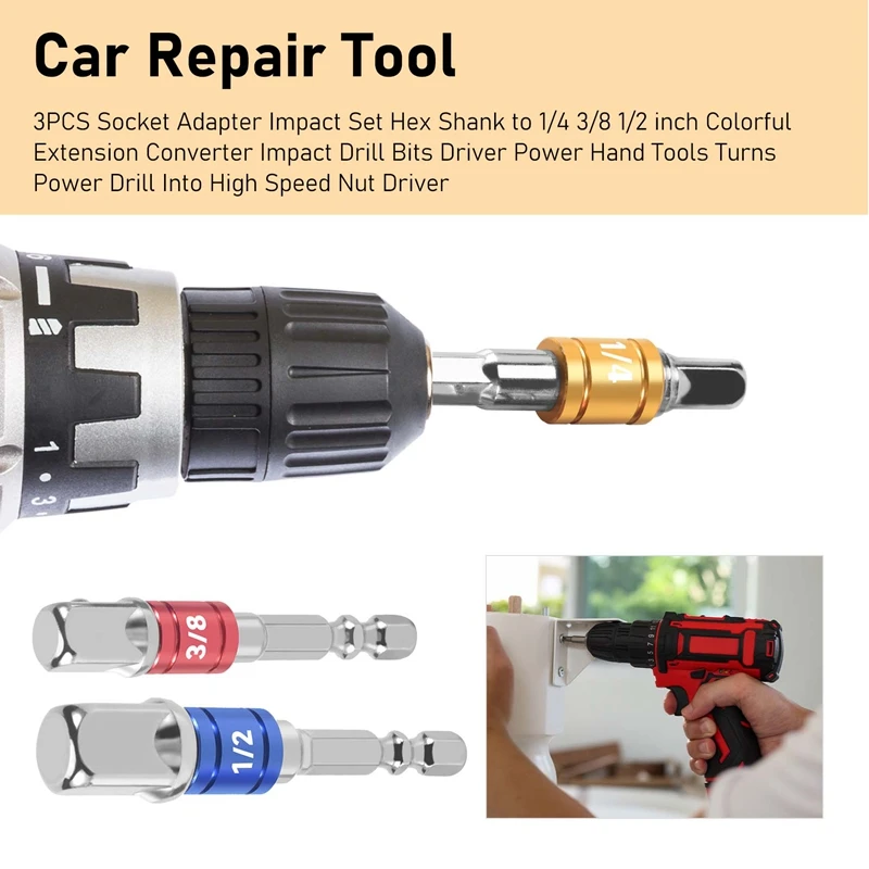 3PCS Socket Adapter Impact Set Hex Shank To 1/4 3/8 1/2 Inch Colorful Extension Converter Impact Drill Bits Driver Power Hand To image 2