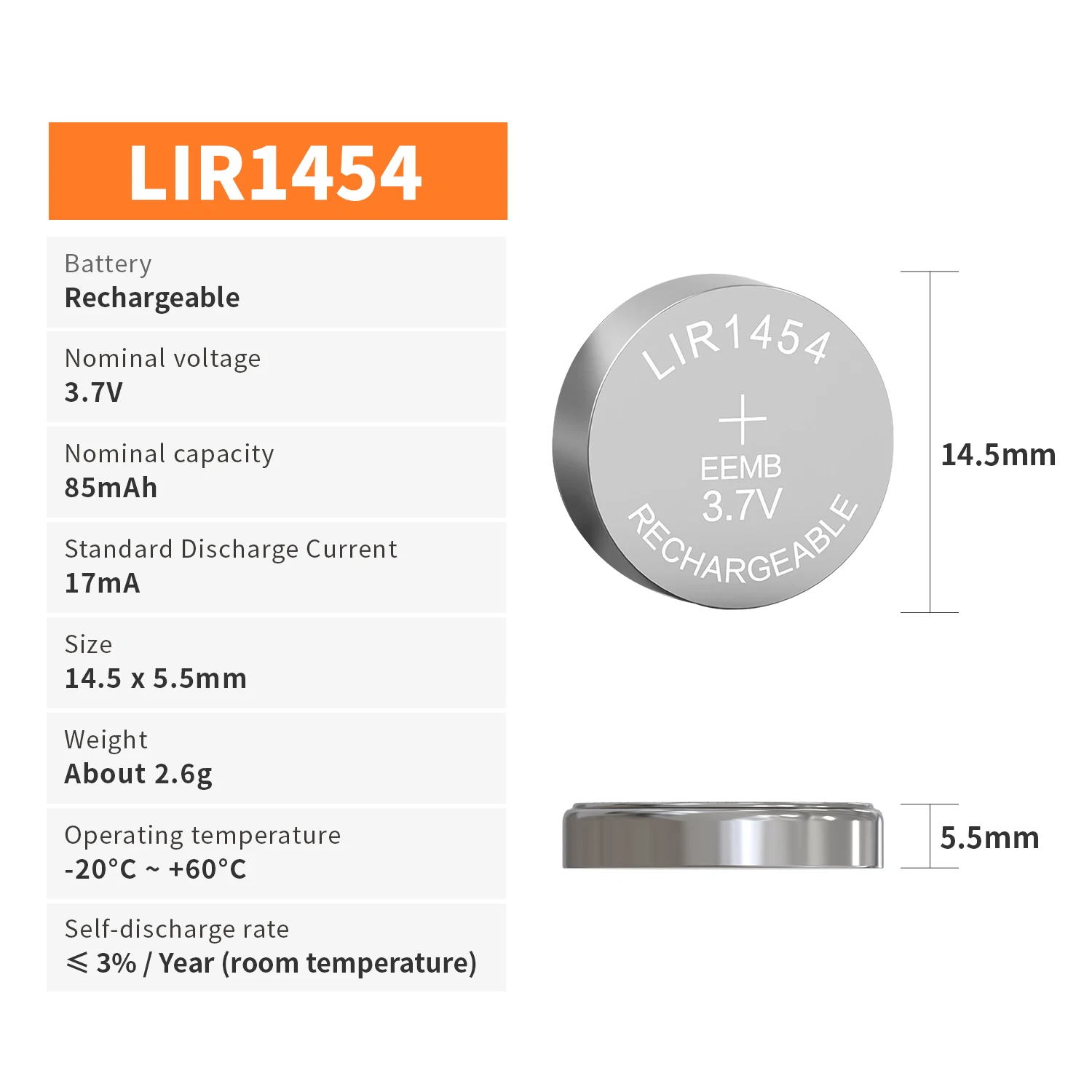 EEMB LIR1454 3.7V 85mAh Button Battery Rechargeable Lithium-ion Battery Coin Cell for Earphone ithium-ion Battery Car Keys Watch