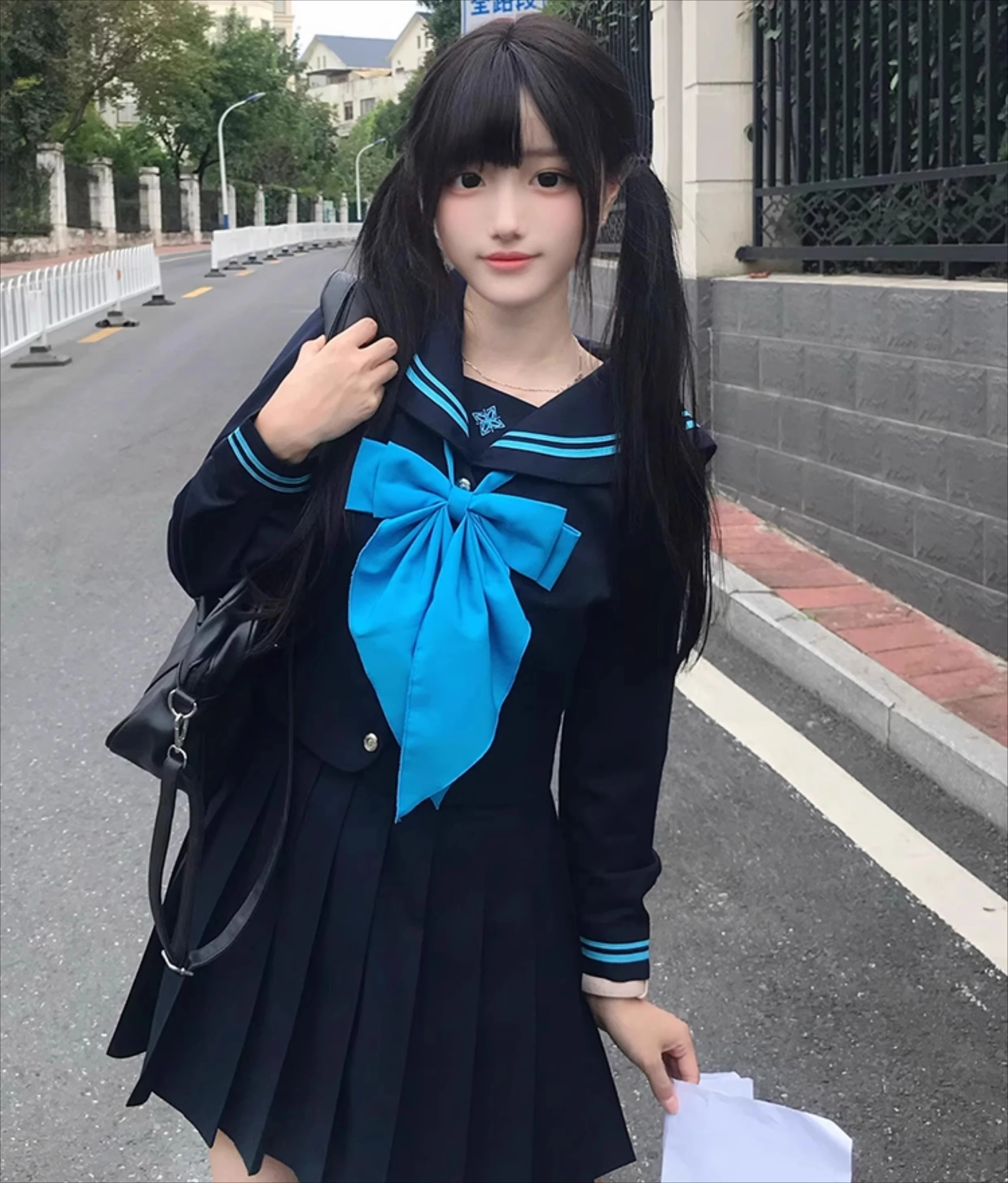 Summer New Japanese College JK Sailor Uniform Navy Blue Sweet Bow Short Sleeve Top Cute A-line High Waist Age-reducing Skirt