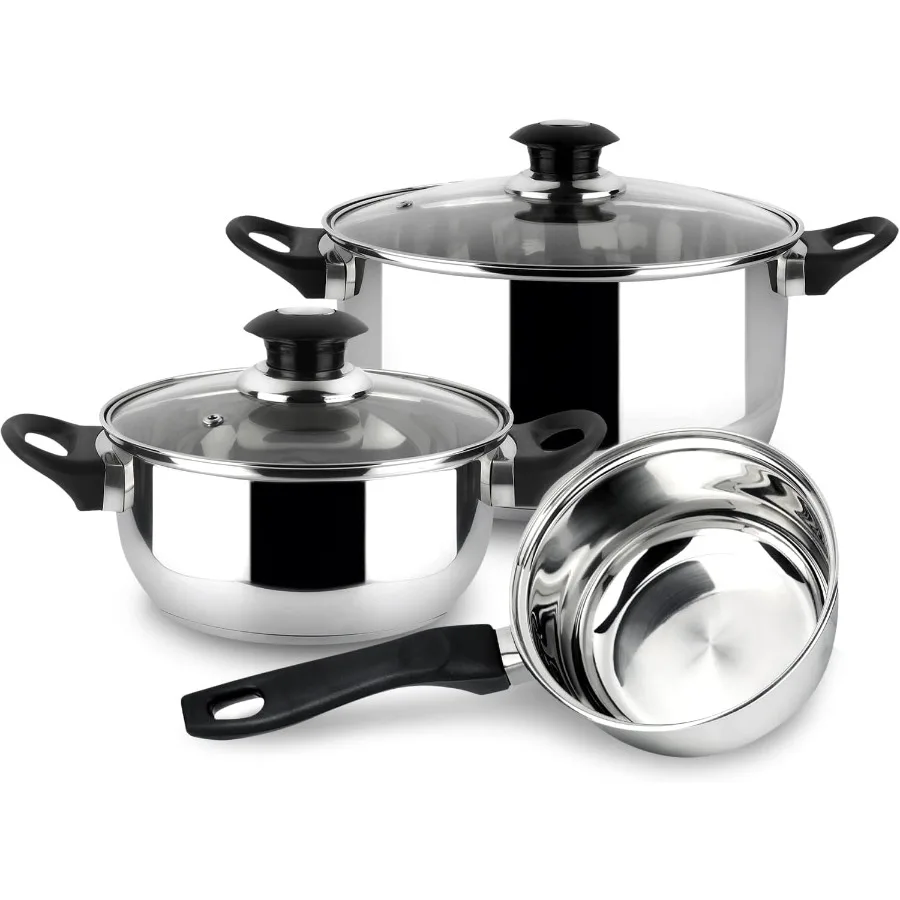 

Семейный набор посуды из 5 предметов из нержавеющей стали с крышками из закаленного стекла с паровыми вентиляционными отверстиями для улучшения контроля приготовления пищи, индукция
