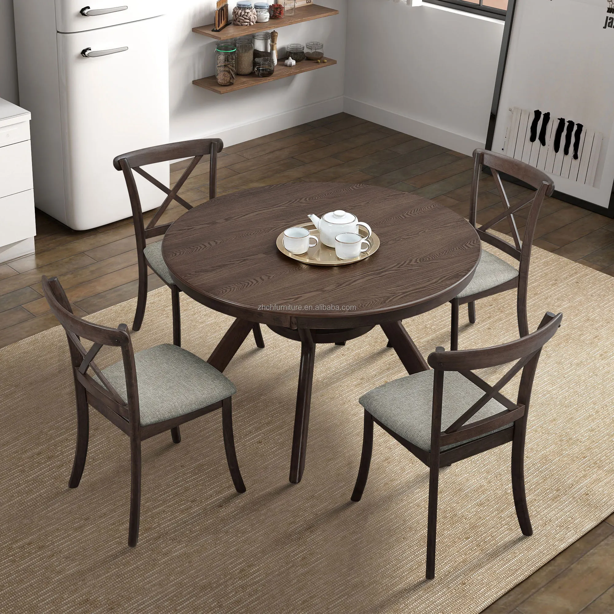 @#Wooden Dining Furniture Set with Sale Wooden Round Table for Dining Room 1 Table with 4 Chairs