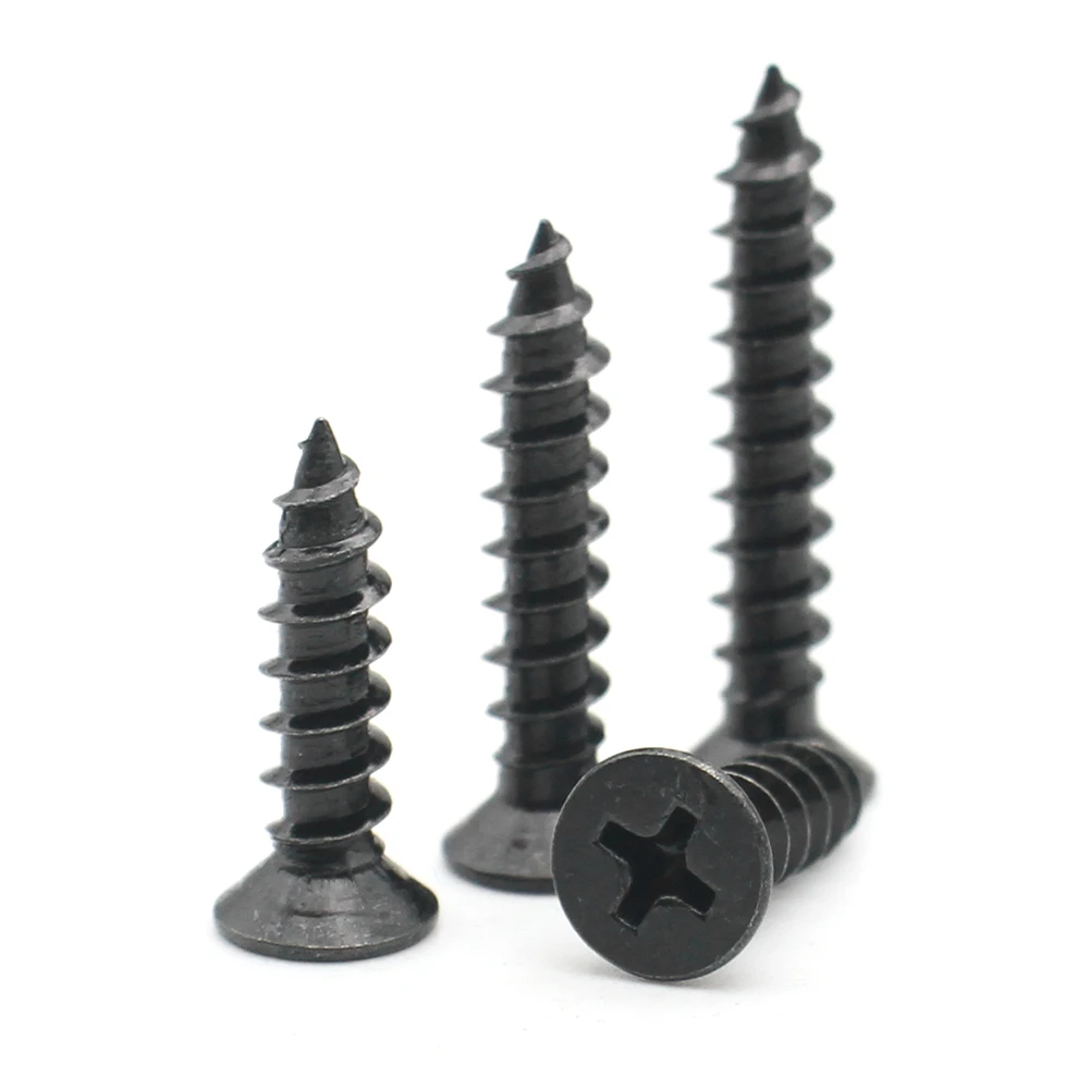 100 Stück M1 M1,2 M1,4 M1,5 M2 M2,6 M3 M3,5 M4 M5 schwarzer Kohlenstoffstahl Kreuzschlitz Senkkopf Flachkopf selbstschneidende Schraube
