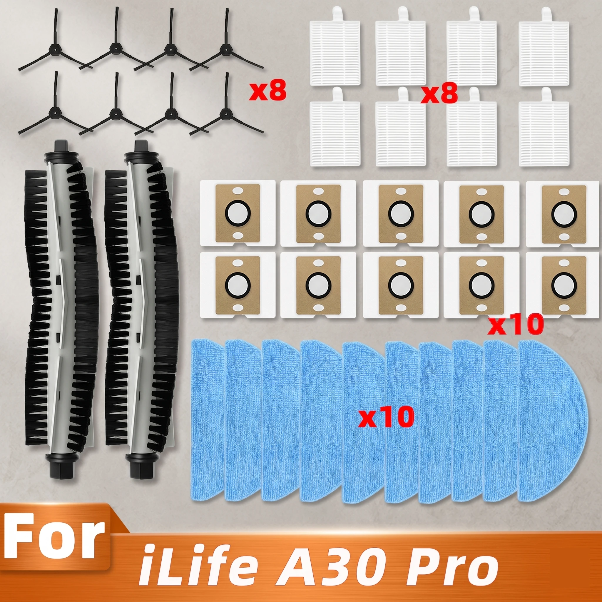 Подходит для ILife A30 Pro Запчасти для пылесоса Основная щётка Боковая щётка HEPA-фильтр Салфетка для мытья Пылесборник Аксессуары для замены