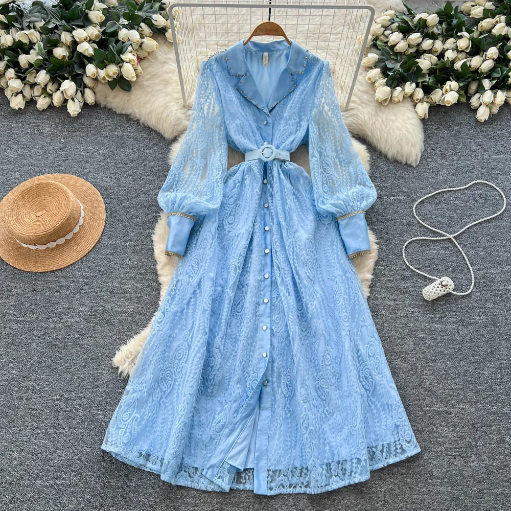 

Women Dresses Lace Dress Embroidered Solid Button Turn Down Collar Lantern Sleeves Empire Cinched Waist Loose Casual 2026 Spring