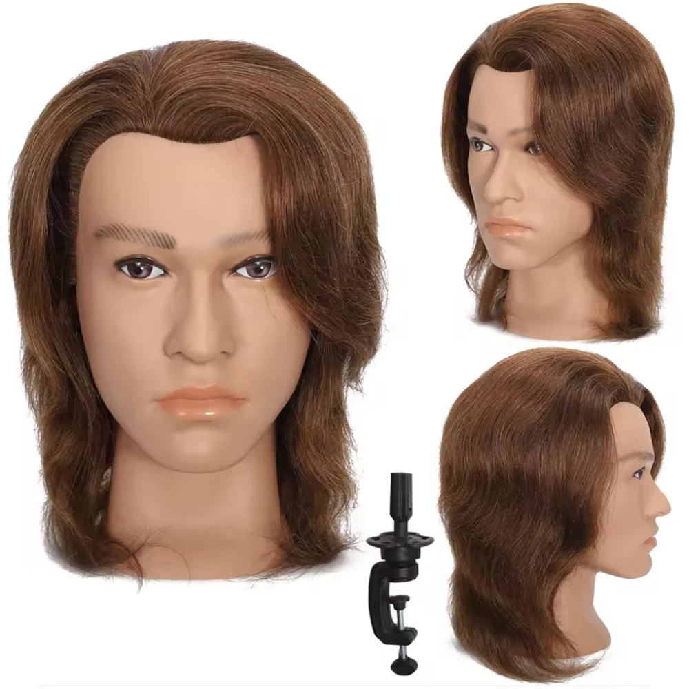 12インチ男性マネキンヘッド、100-本物の髪を使用したヘアカット練習用ヘッド、美容用ストレート太毛マネキンヘッド（クランプ付き）