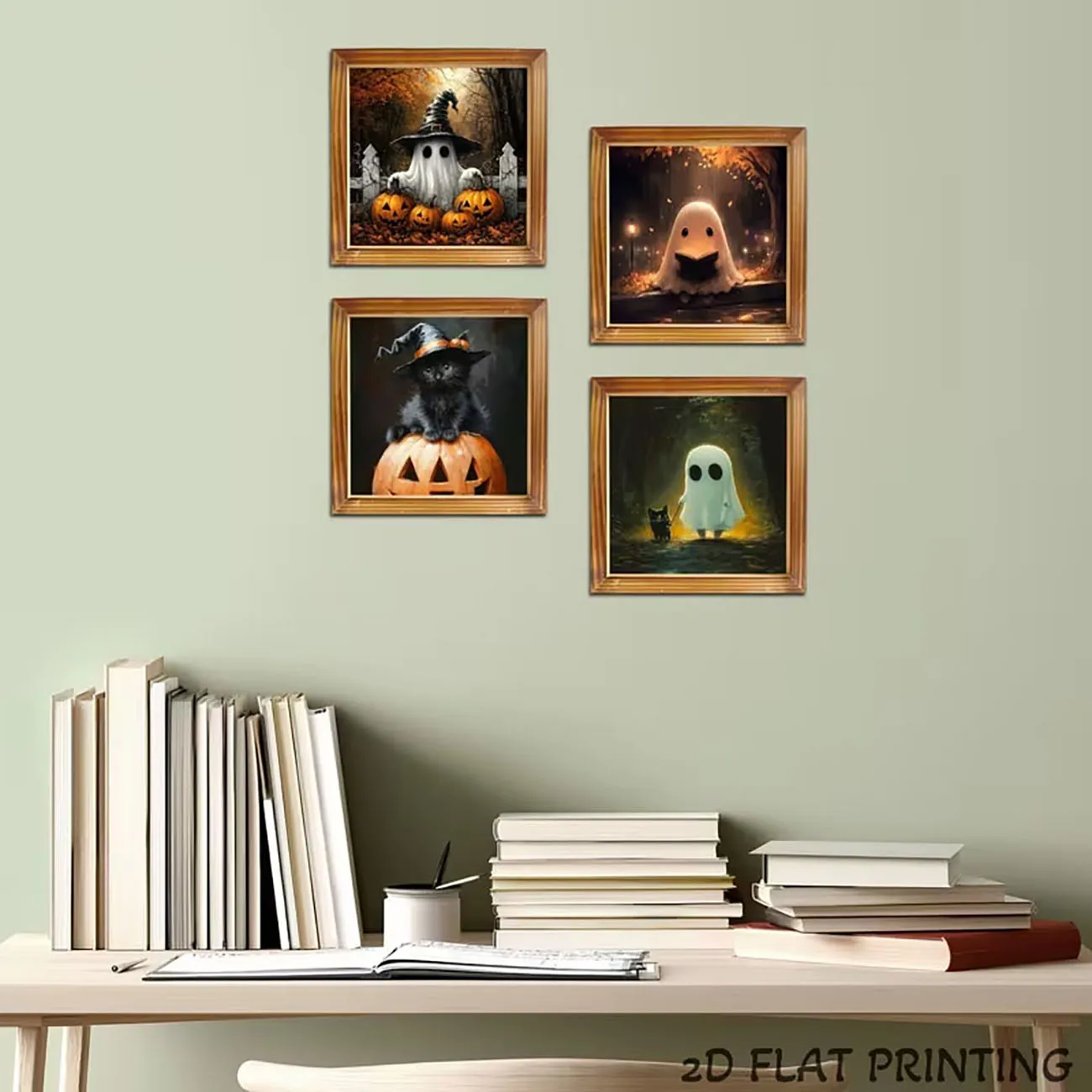 4 Pack Wooden Cute Halloween Ghost Black Cat Wall Decor Pumpkin Print Nano Tape Drill Free Holiday Wall Ornament