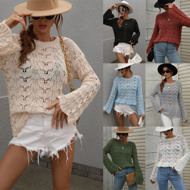 

Sexy Womens Sweaters 2022 Autumn Hollow Out Knitting Sweater Women Elegant Pagoda Sleeve Pullovers Knitted Jumper Y2k Clothes