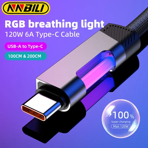 NNBILI 120W USB C RGB snellaad Cable PD100W USB C to USB C For iPhone 15 16 Cable  RGB omgevingslicht For Huawei Xiaomi Samsung