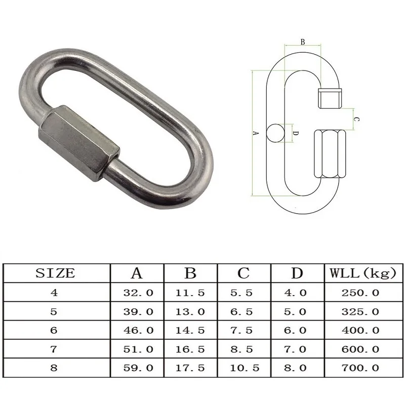 Stainless Steel 304 Spring Loaded Gate Snap Carabiner Quick Link Lock Ring Hook 4mm 5mm 6mm 7mm 8mm For Hammock Camping