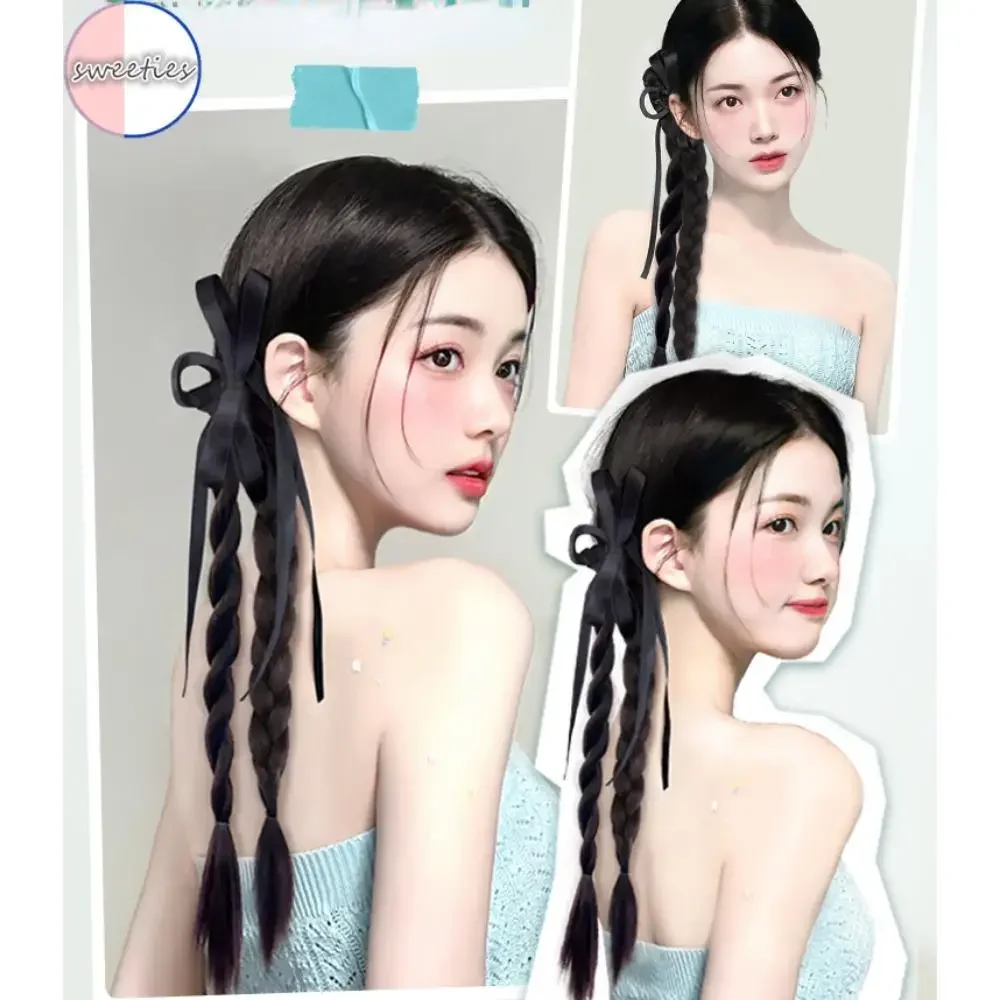 Stile cinese Nastro bowknot treccia intrecciata coda di cavallo clip-on parrucche donna Simulazione boxe treccia parrucca coda di cavallo Estensione