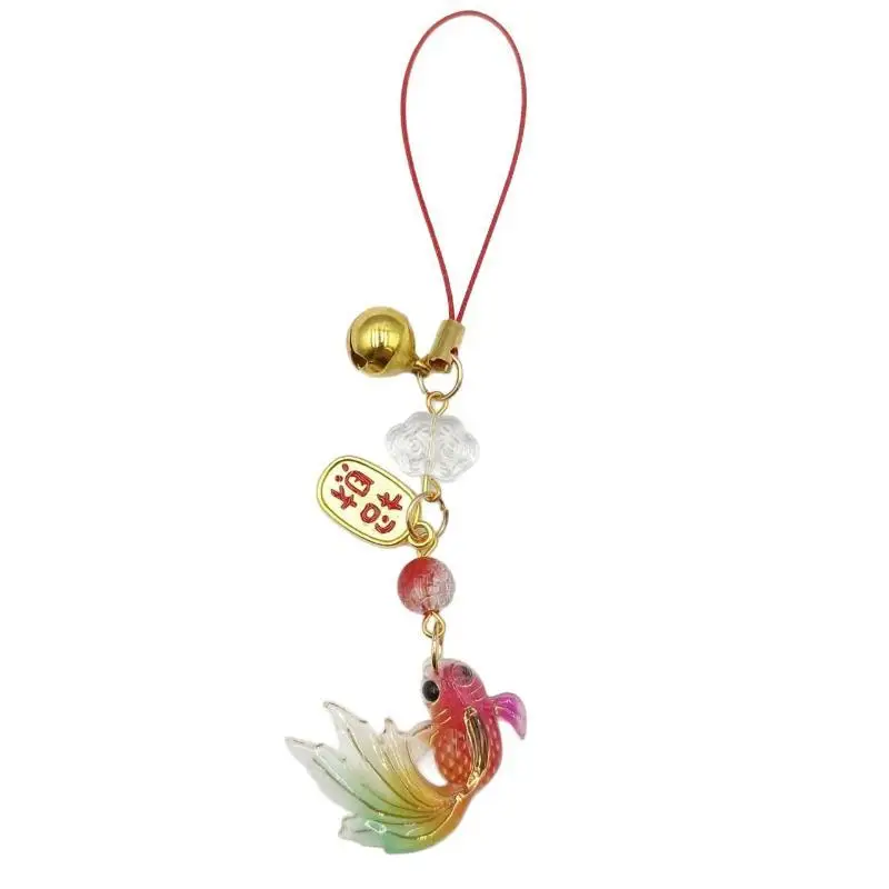 Buntes Handyband mit Farbverlauf und Goldfisch-Motiv, inklusive kleiner Glöckchen-Anhänger, ein schönes Geschenk für Taschen und Rucksäcke. – Detail 5