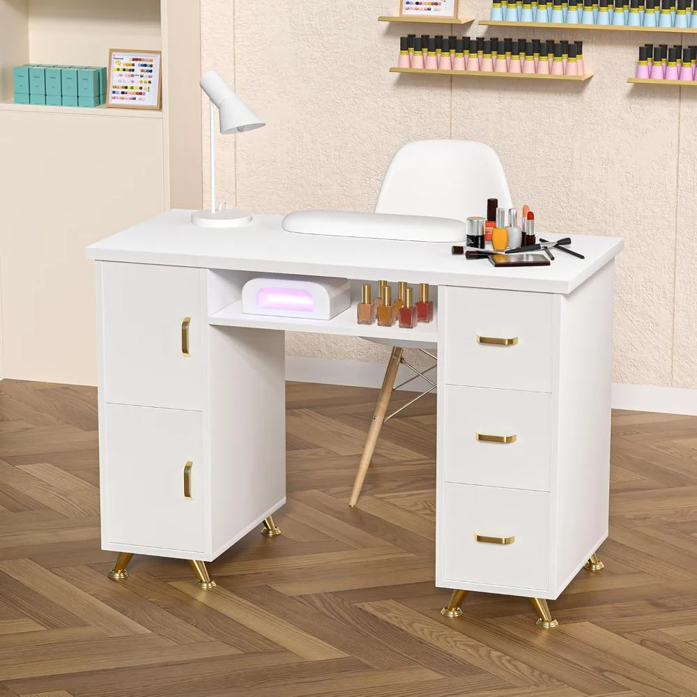 Golden Handles Manicure Table Nail Desk Station Acetone Resistant Nail Table for Nail Tech with Extended Drawers & Cabinets