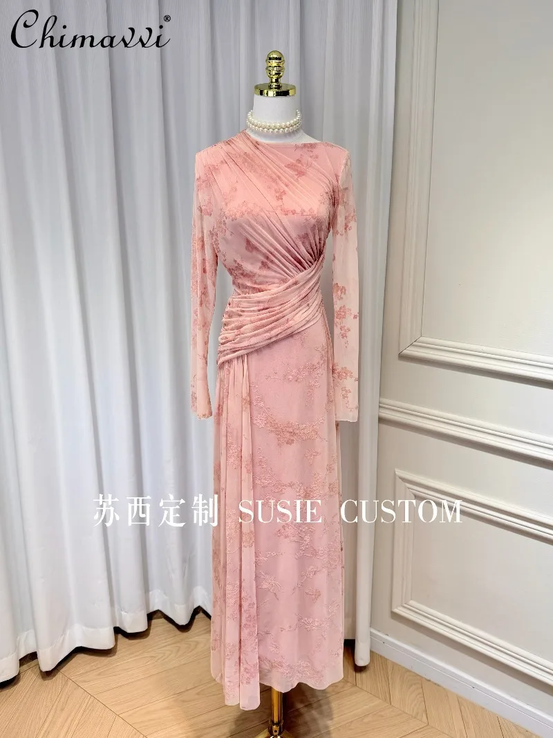 

High-end French Chic Flocked Print Asymmetrical Ruched Waist Slit Dress Spring New Fashion High-waisted Elegant Vacation Dress